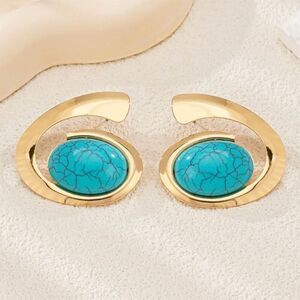 Large Statement Gold Tone Geometric Swirl Faux Blue Turquoise Stud Earrings